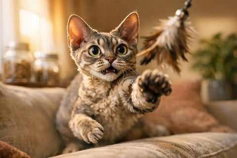 Devon Rex cat with big eyes and wavy coat perched and playing indoors