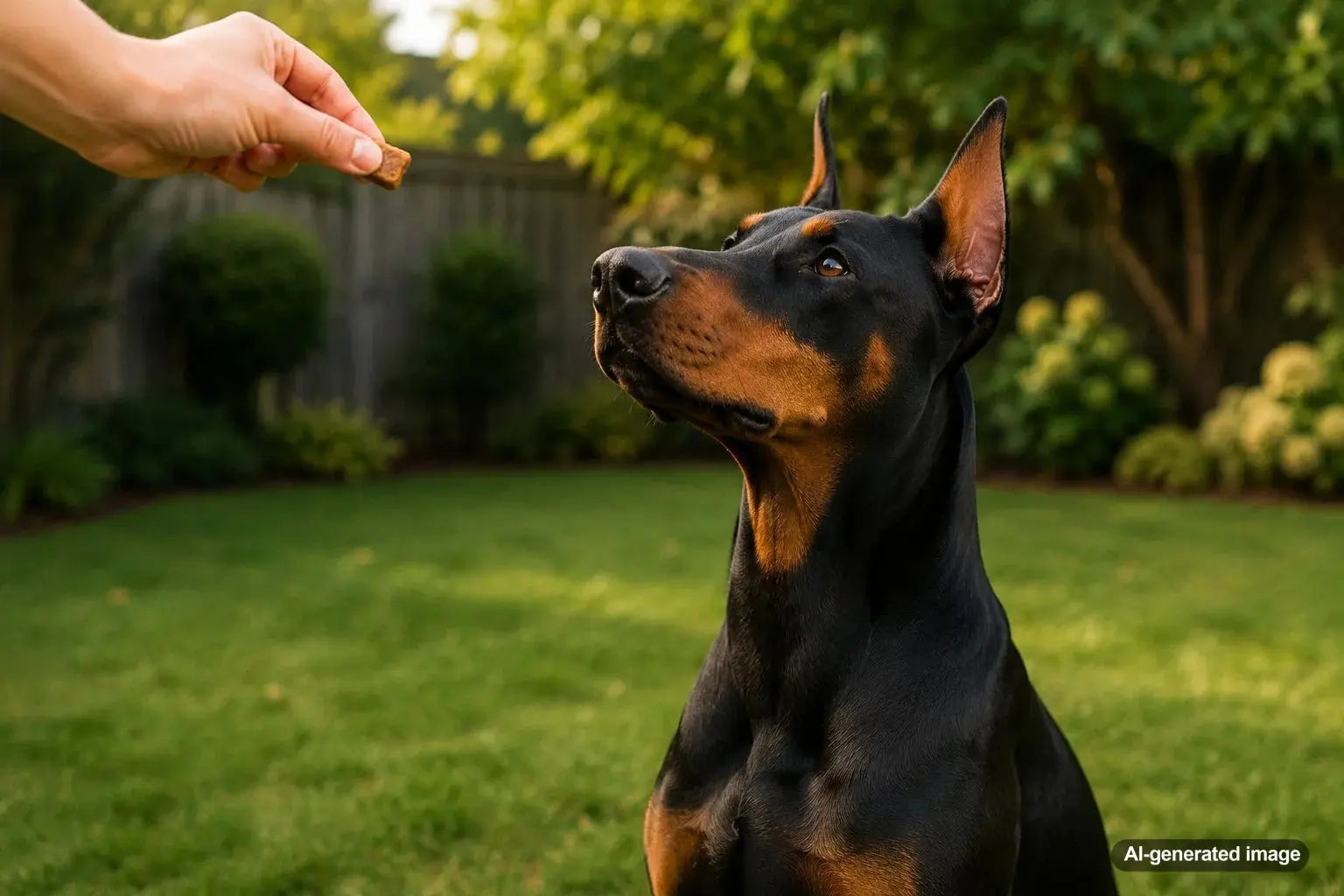 A sleek Doberman Pinscher standing alert and confident, showing the breed's intelligent expression and athletic build