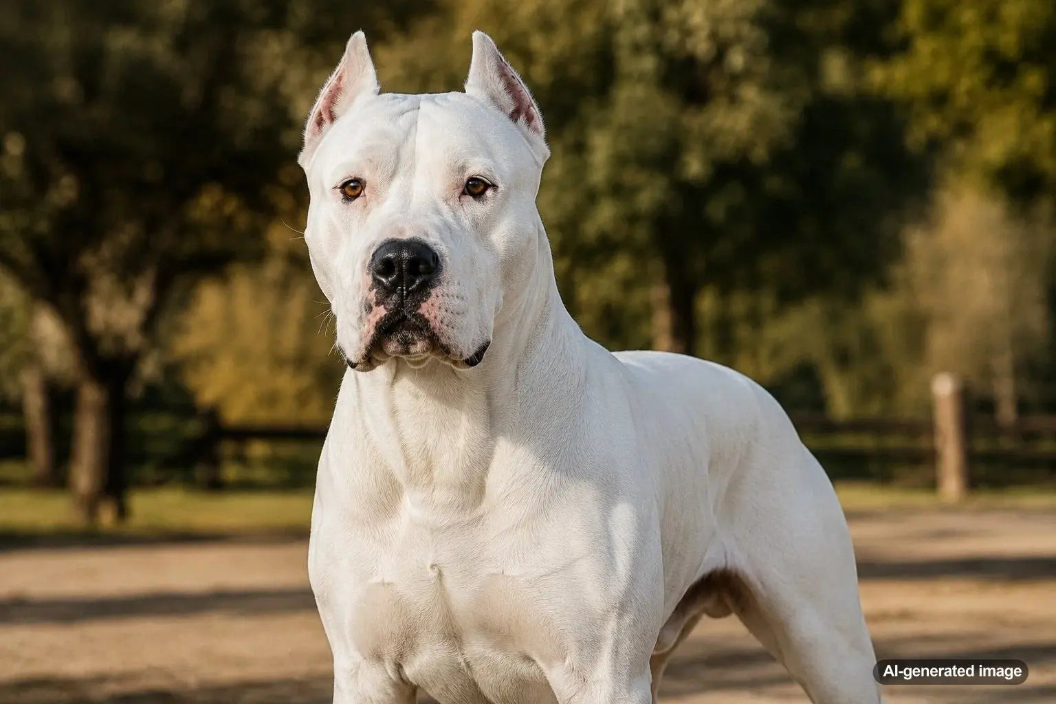 Athletic white Dogo Argentino standing alert outdoors during a structured training session