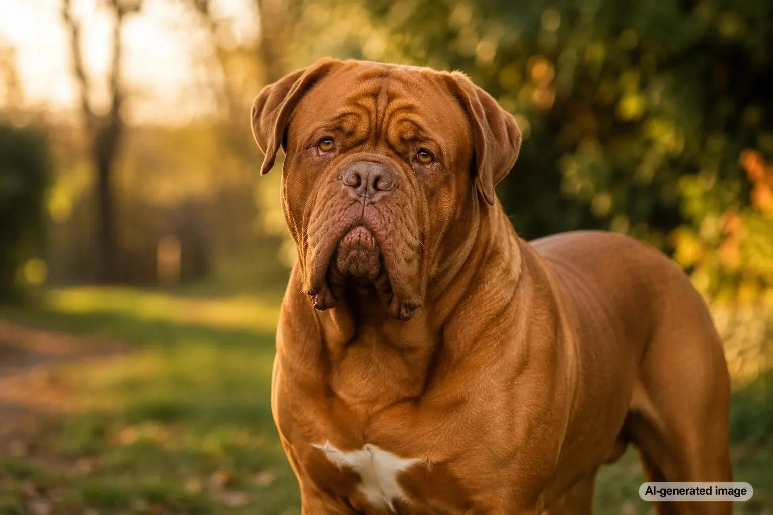 Dogue de Bordeaux French Mastiff displaying its wrinkled face, powerful build, and gentle expression