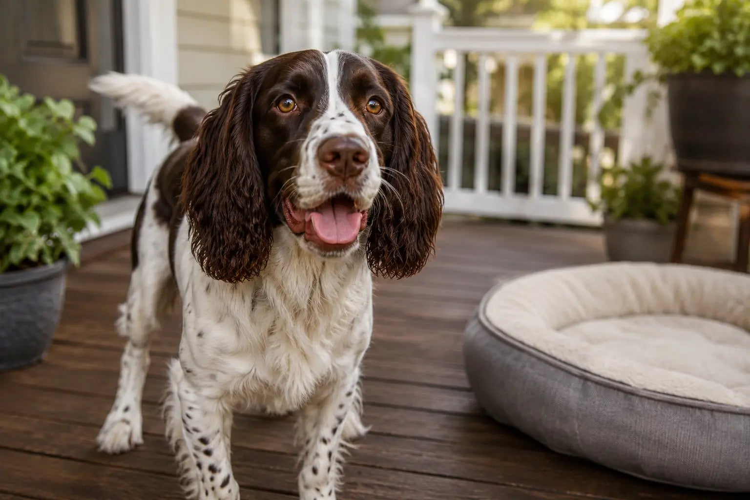 English Springer Spaniel standing outdoors with a happy expression and wagging tail