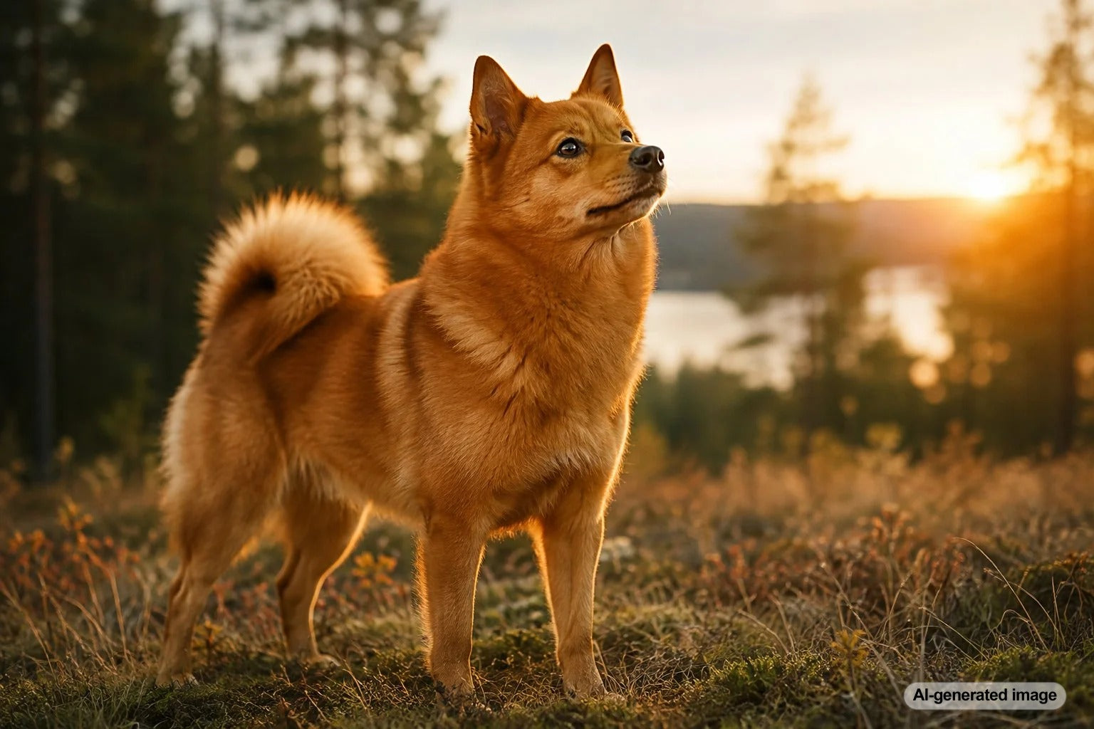 Finnish Spitz with a red-gold coat and foxlike face representing the Barking Bird Dog breed