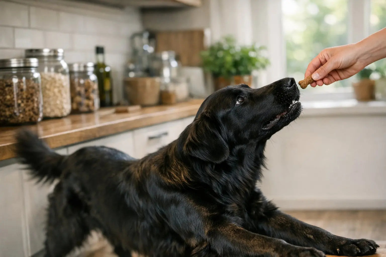 Happy Flat-Coated Retriever with glossy coat and wagging tail outdoors