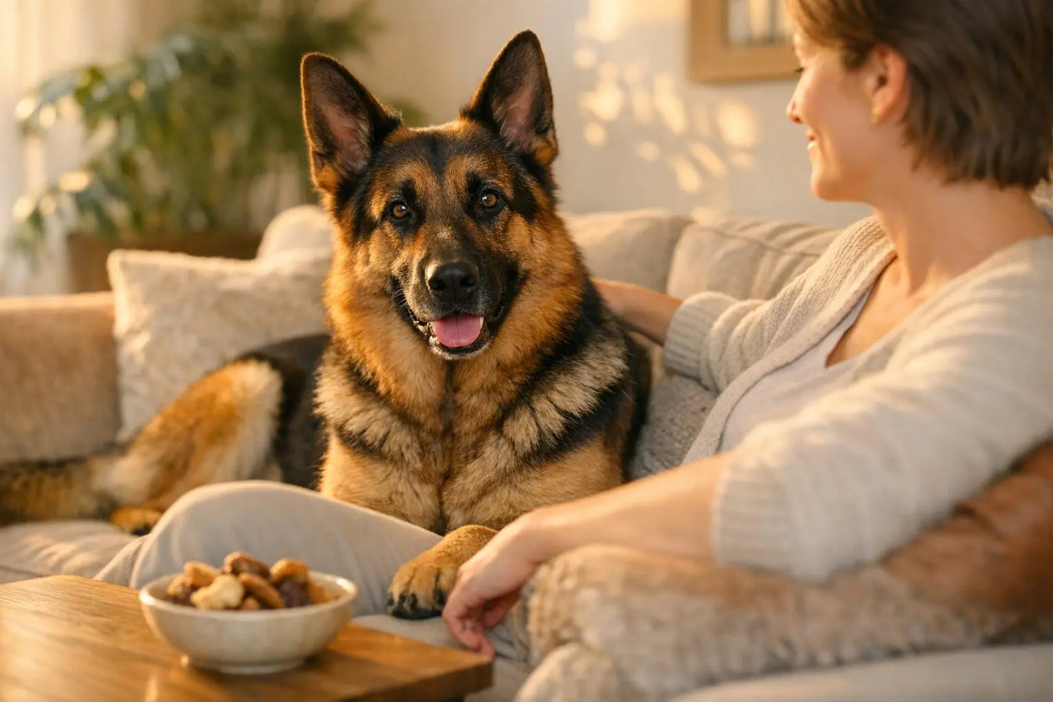 German Shepherd relaxing on a couch beside a pet parent with a bowl of dog treats on the coffee table