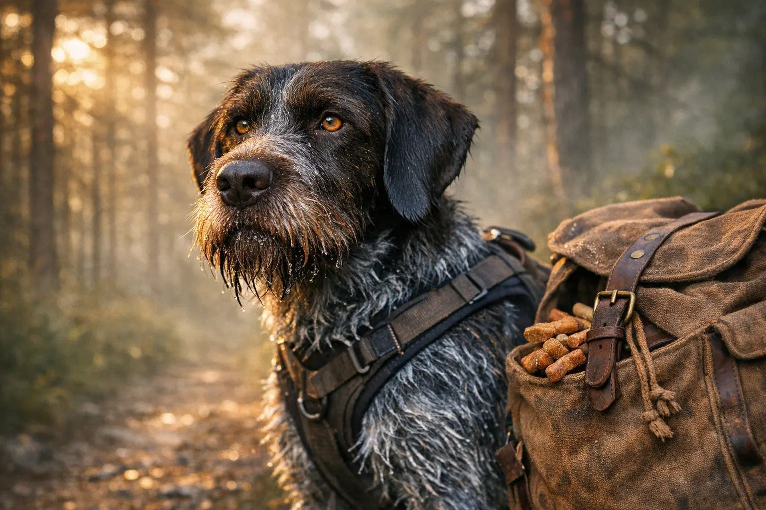 German Wirehaired Pointer standing outdoors with a rugged weather-resistant coat and distinctive bearded face