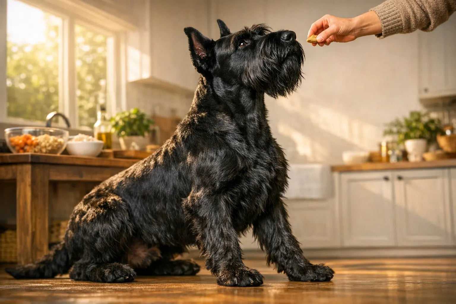 Black Giant Schnauzer standing proudly outdoors, highlighting the breed's commanding protector presence