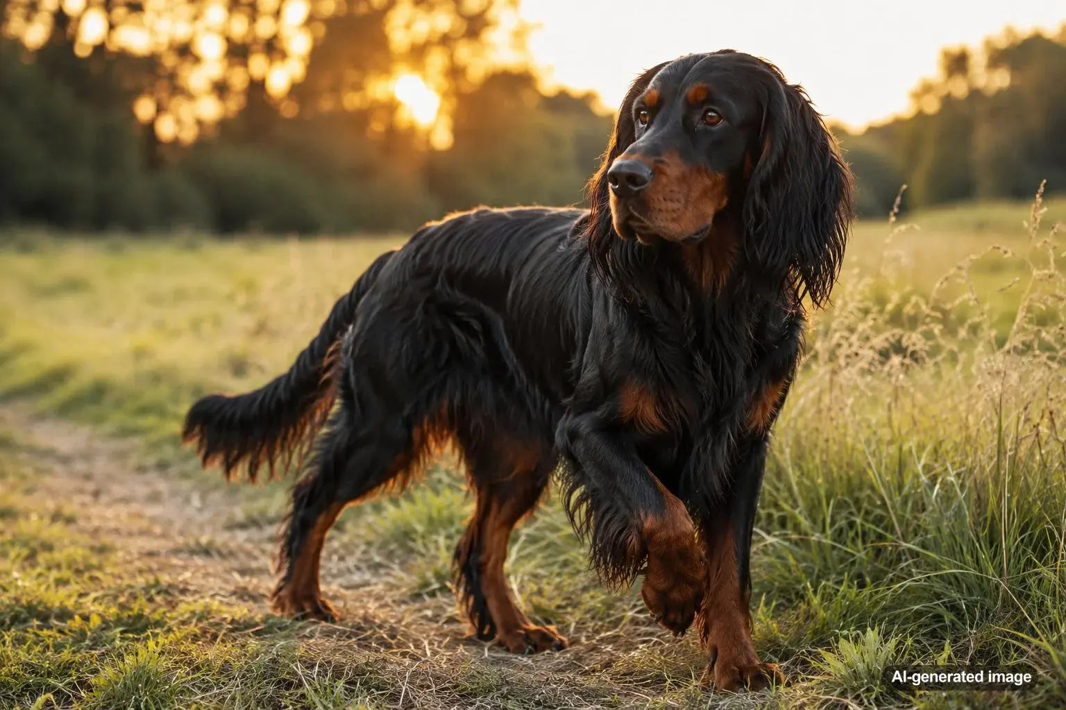 Gordon Setter sporting dog with a glossy black and tan coat showing a serious expression and soft affectionate side