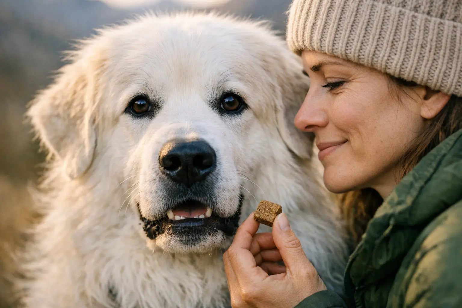 Great Pyrenees dog resting calmly as a patient and protective mountain guardian