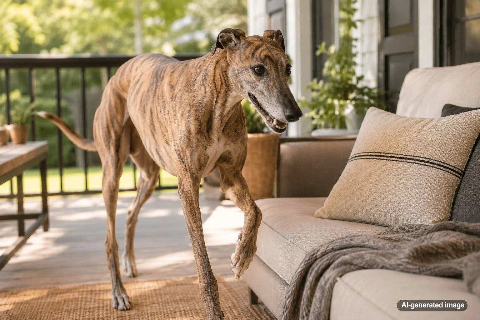Retired Greyhound relaxing comfortably on a sofa in a warm home