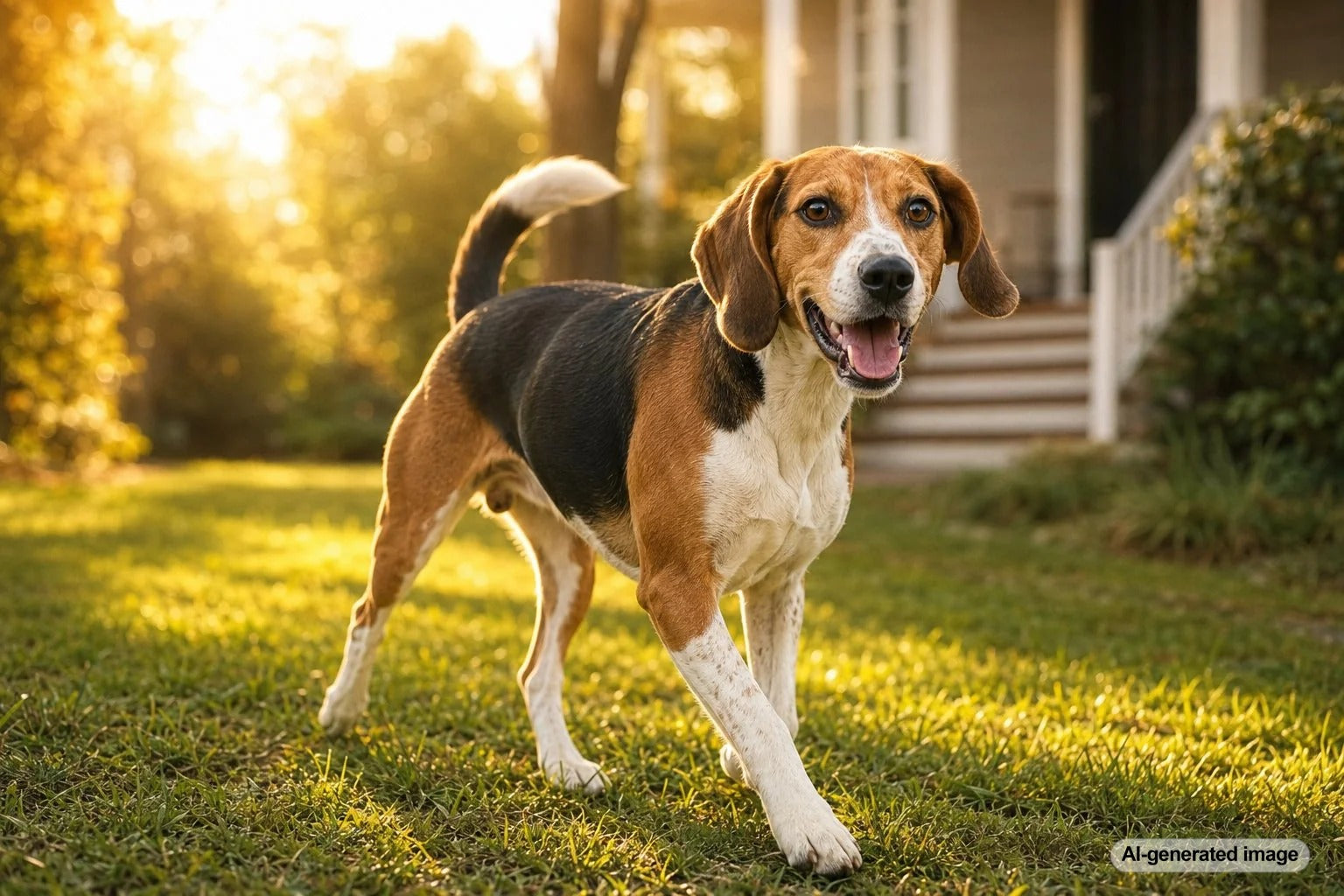 Active Harrier hound enjoying an outdoor adventure with alert expression and athletic posture