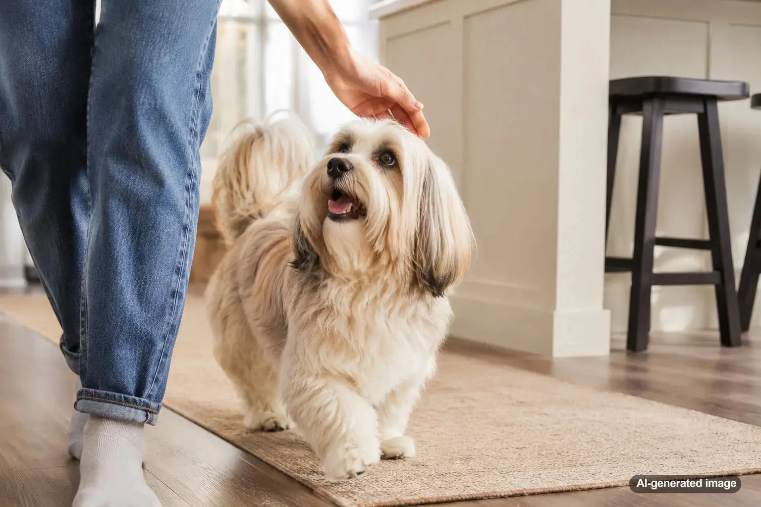A silky Havanese companion dog looking bright and cheerful in a cozy home setting