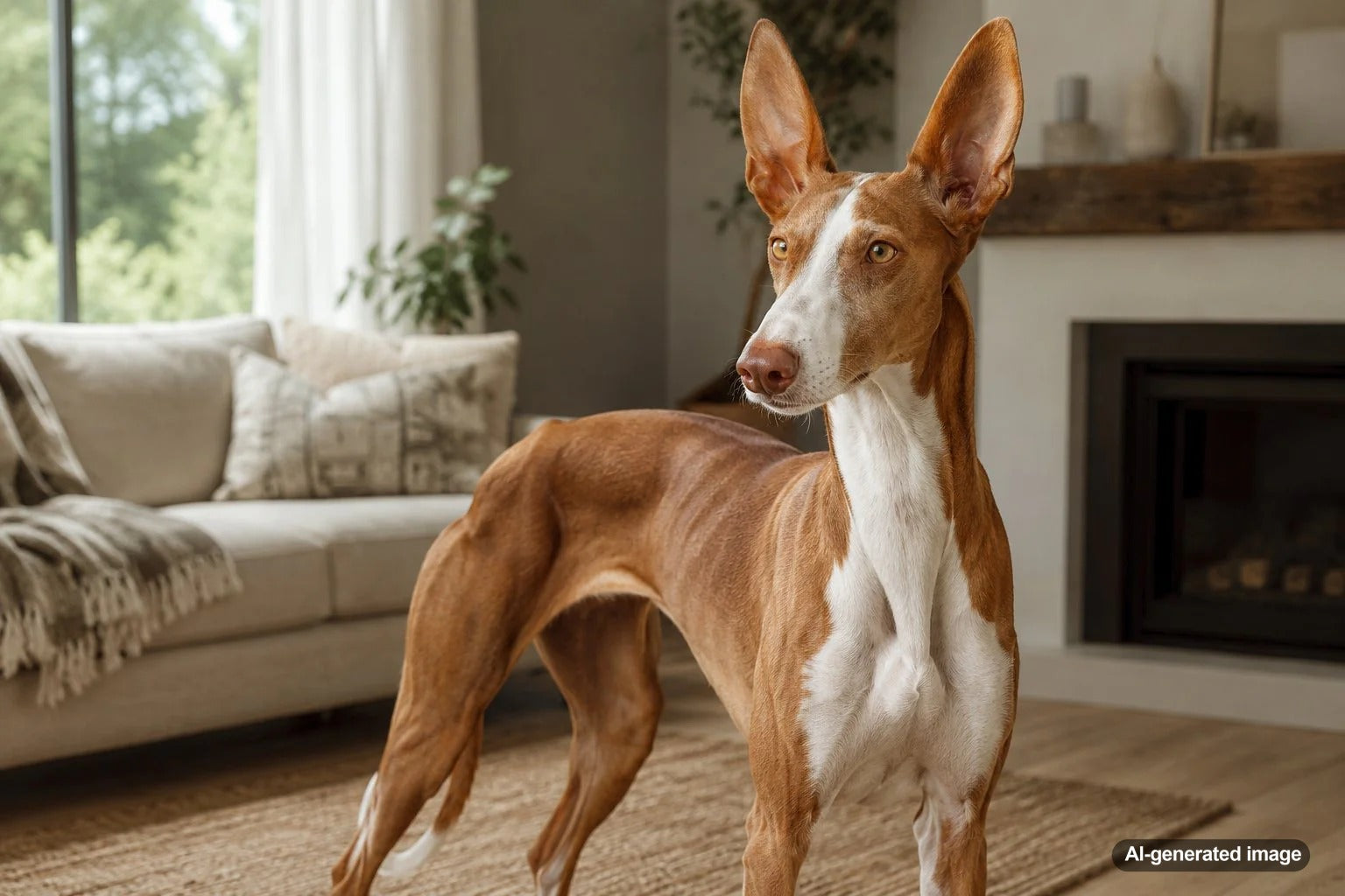 Ibizan Hound standing alert with large upright ears, showcasing the spring-loaded island hunter breed