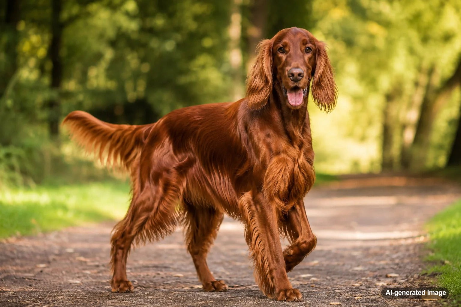 Irish Setter with a flowing red coat standing gracefully outdoors