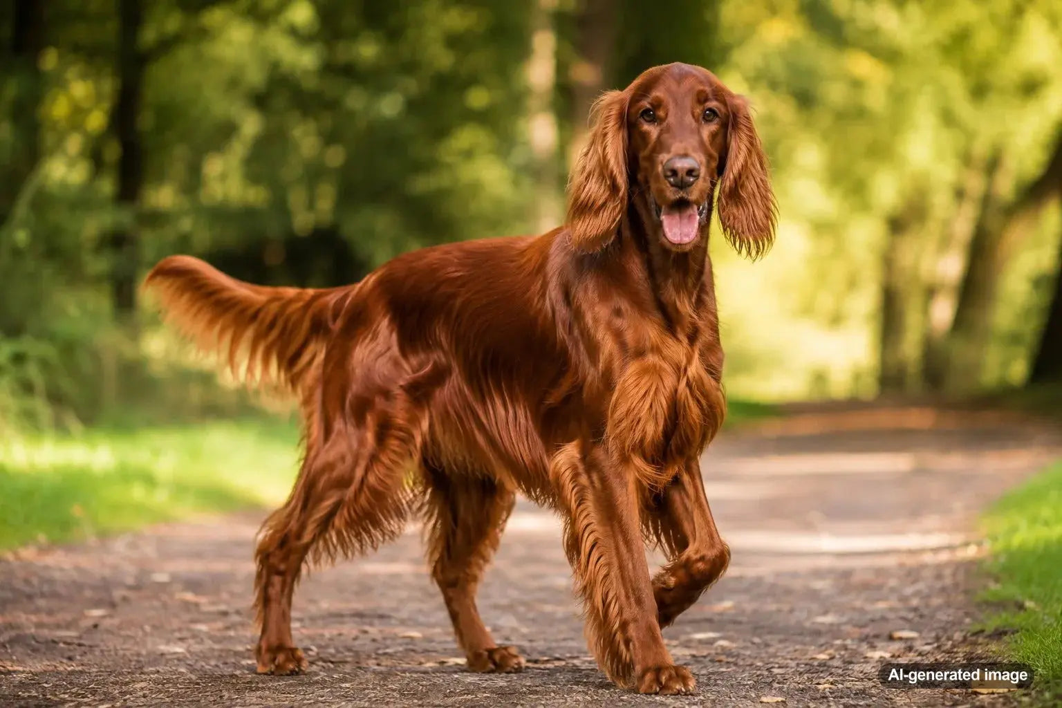Irish Setter with a flowing red coat standing gracefully outdoors