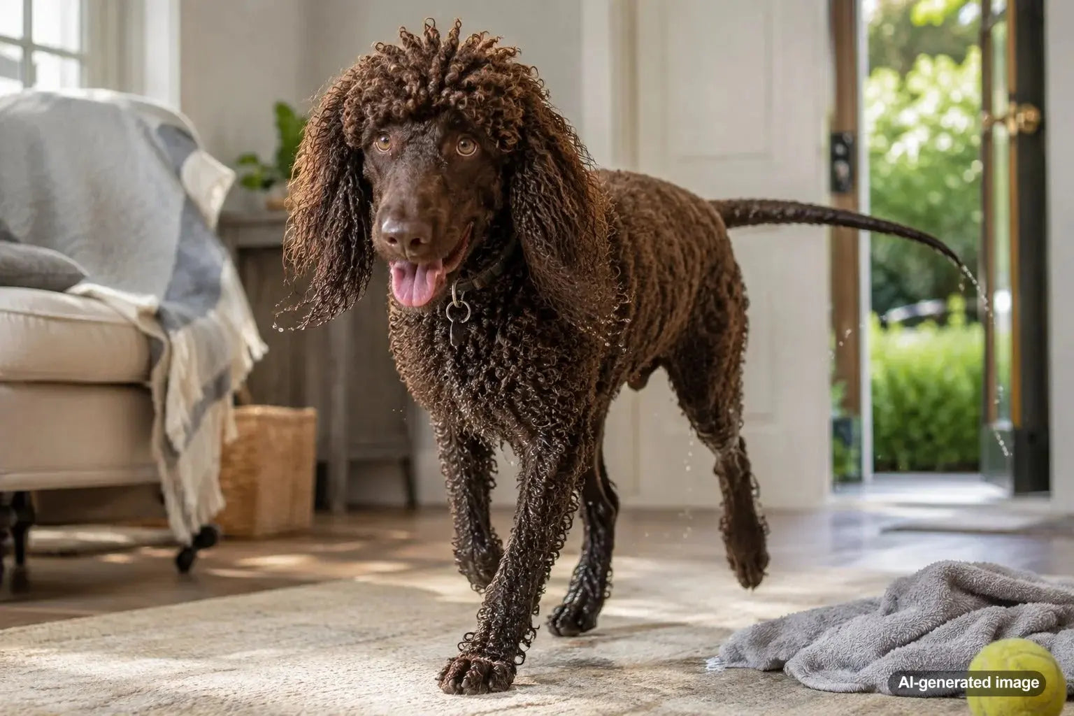 Irish Water Spaniel with a curly liver coat enjoying an outdoor water adventure