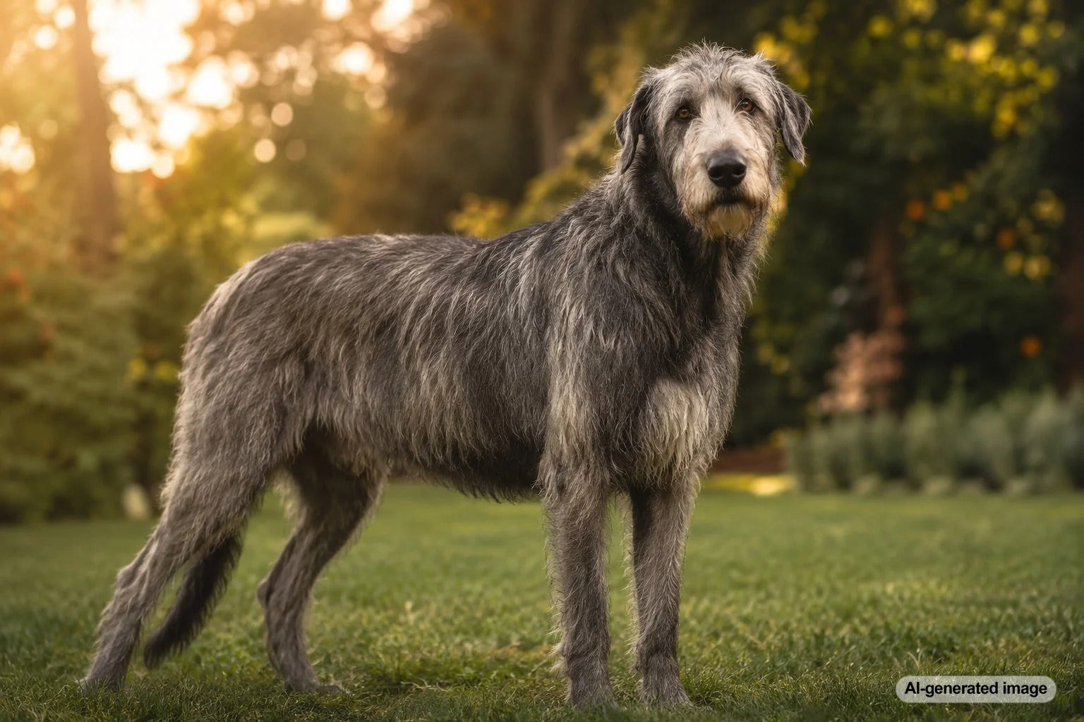 A majestic Irish Wolfhound standing outdoors and displaying the breed's tall, shaggy, gentle appearance