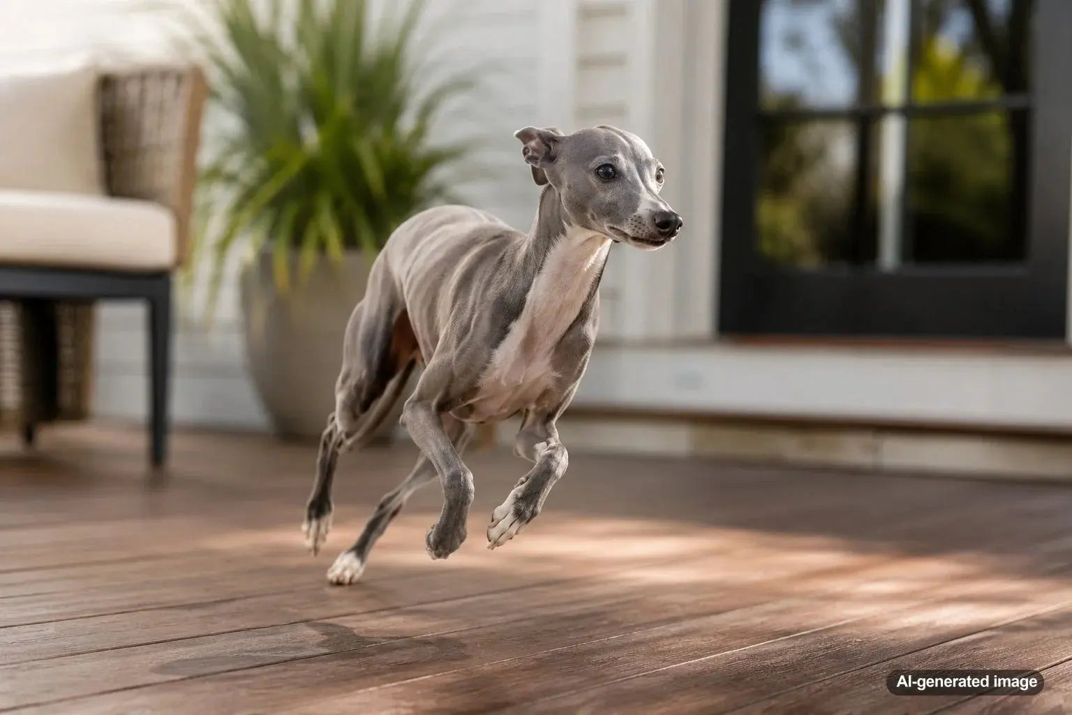 Italian Greyhound standing alert and ready to sprint in a bright outdoor setting