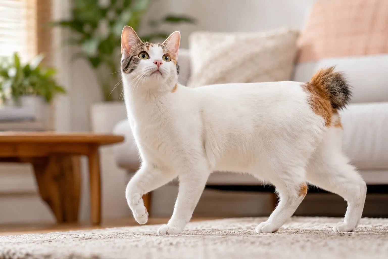 Japanese Bobtail cat with a pom-pom tail and playful expression