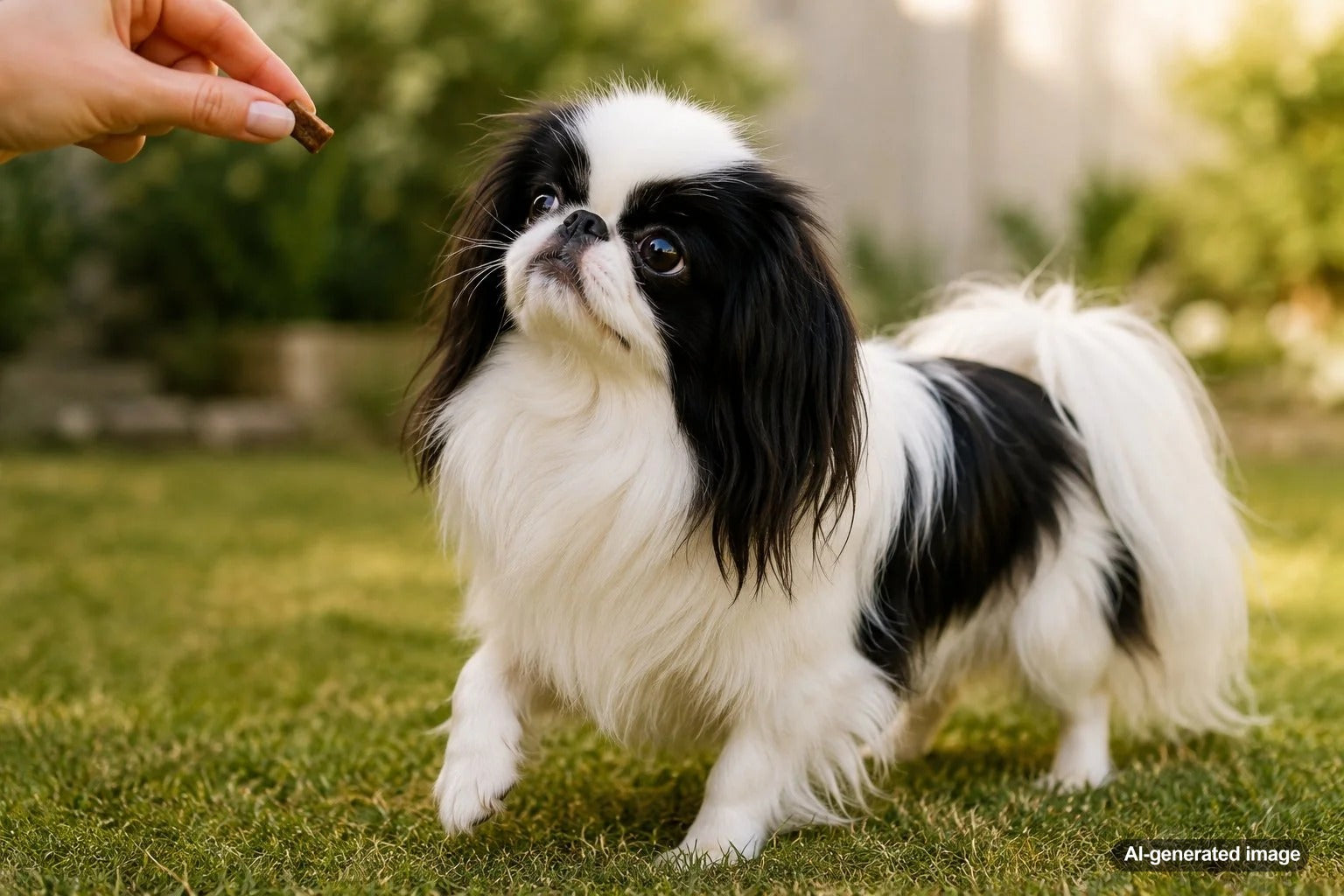Japanese Chin dog sitting indoors with an elegant coat and expressive face