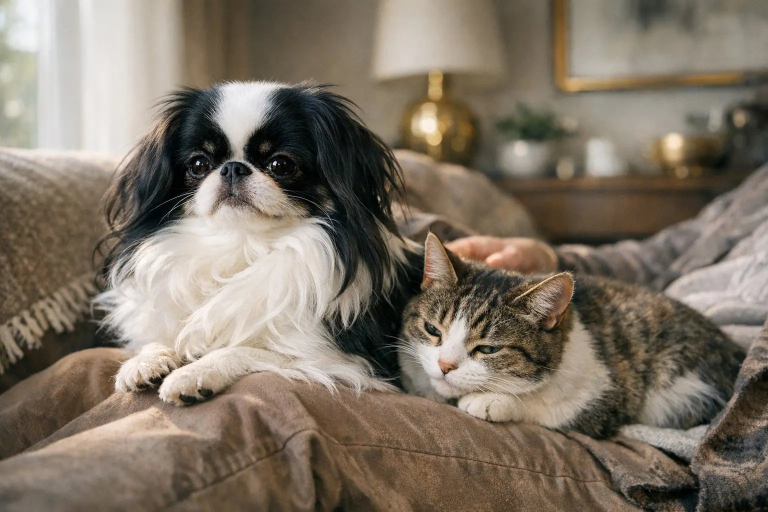 Elegant Japanese Chin lap dog relaxing at home