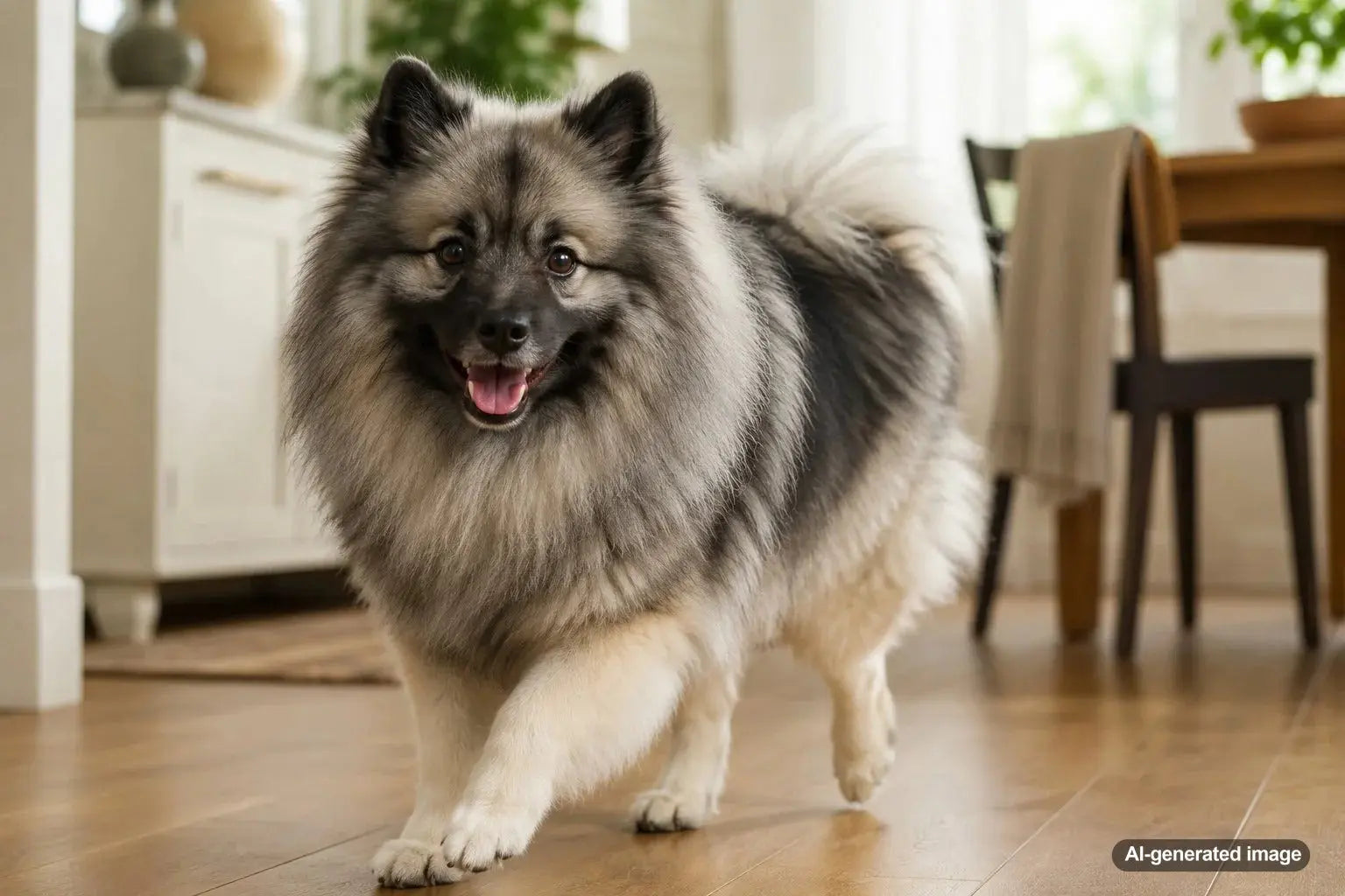 Keeshond Smiling Dutch Barge Dog with fluffy coat and distinctive spectacle markings