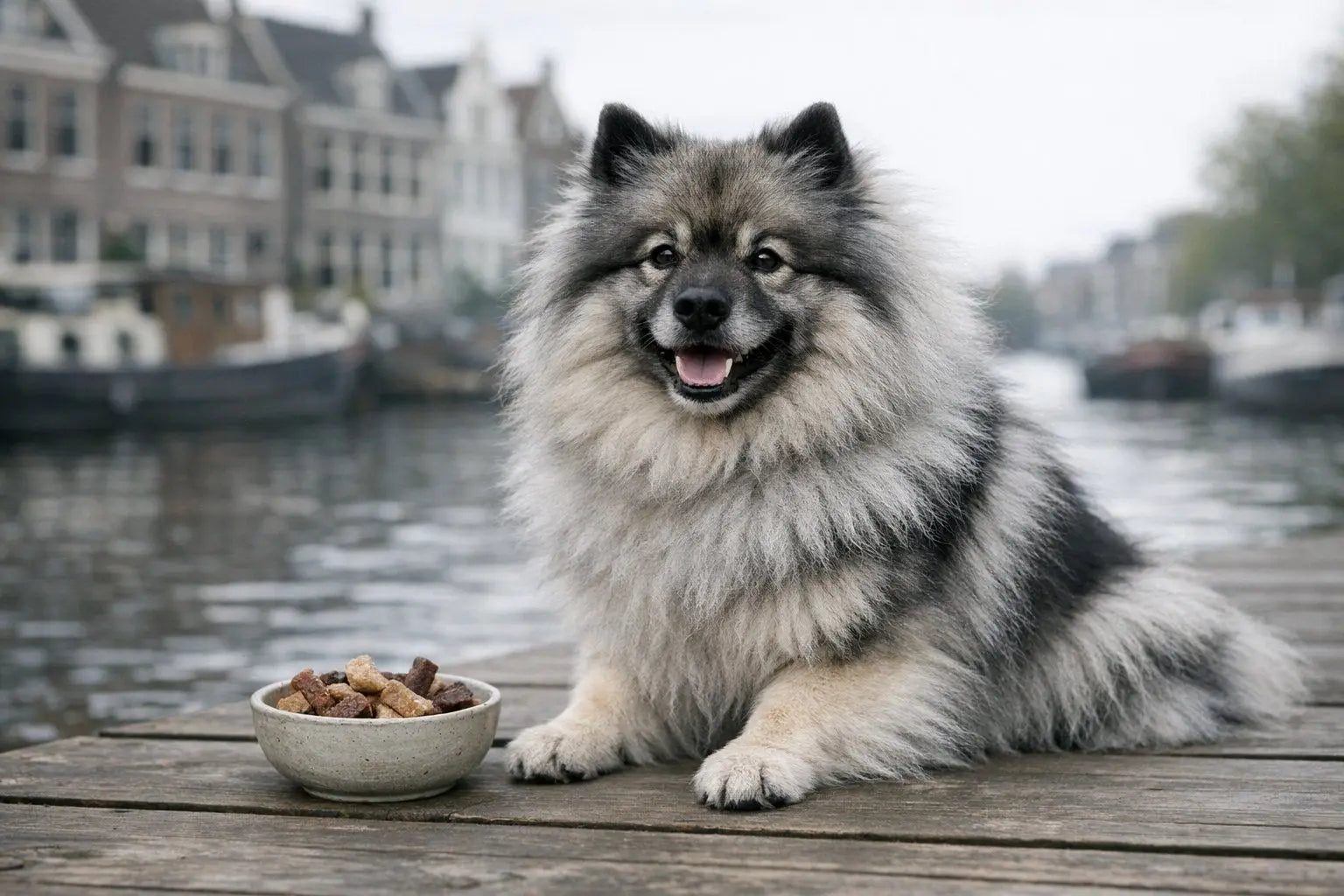 Smiling Keeshond dog with fluffy gray coat, ruff, and distinctive spectacles around the eyes