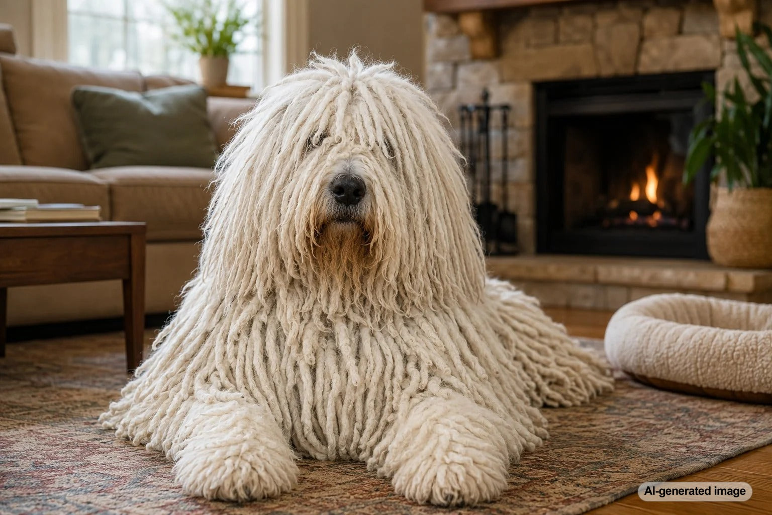 White Komondor livestock guardian dog displaying its distinctive long corded coat