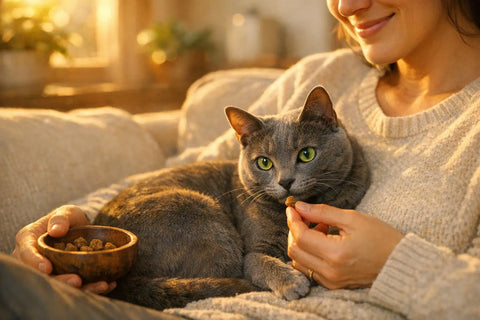 Silver-blue Korat cat with green eyes symbolizing good luck and deep human bond
