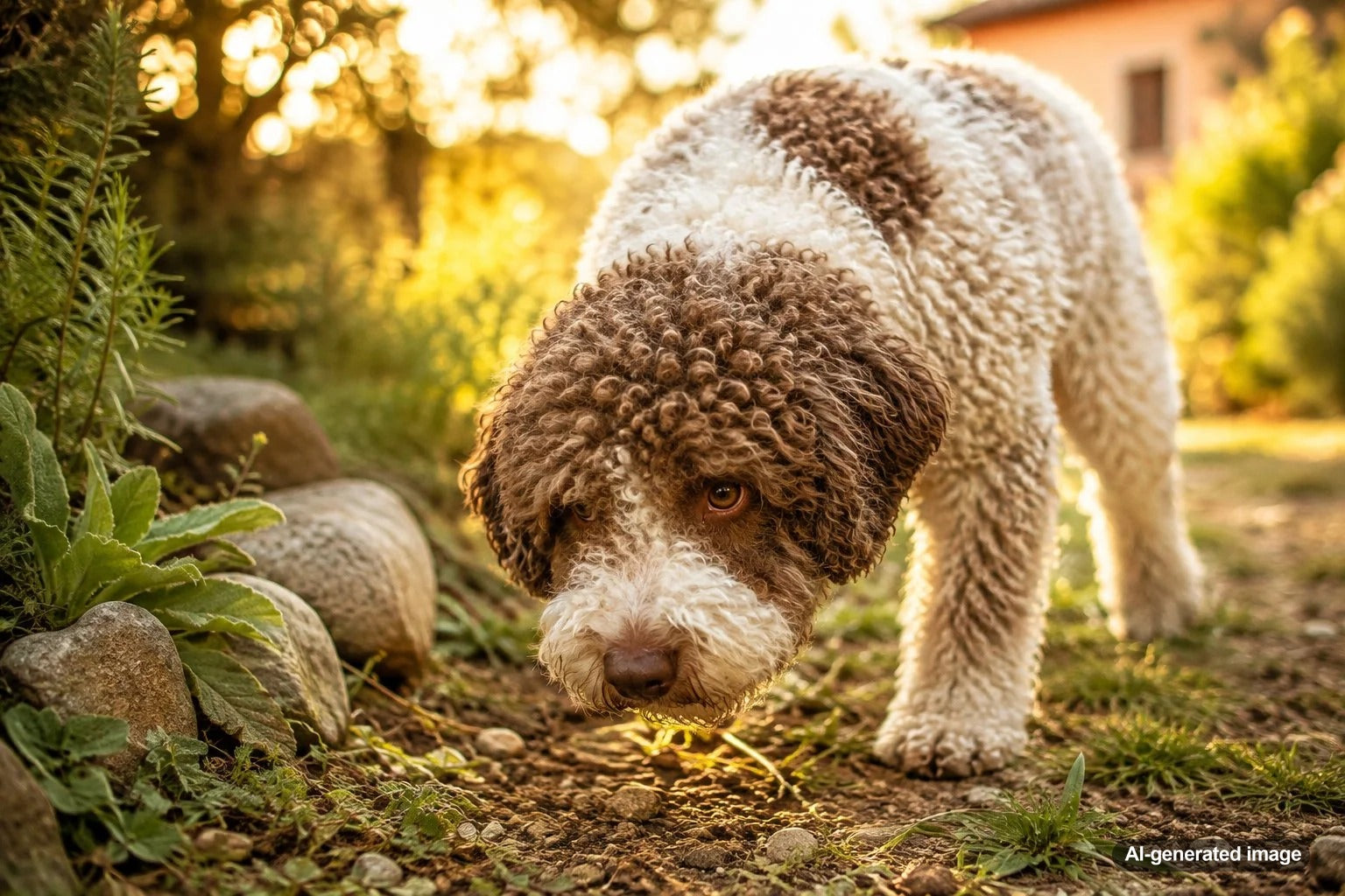 Lagotto Romagnolo with a curly teddy bear coat exploring outdoors