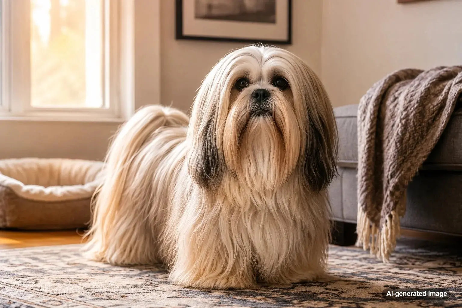 Lhasa Apso dog with a silky coat sitting proudly as an ancient sentinel breed