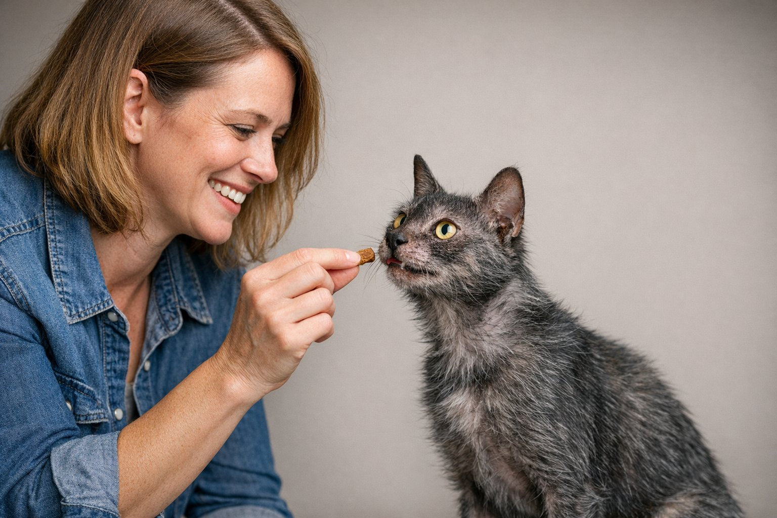 Lykoi werewolf cat with a striking roan coat and curious expression