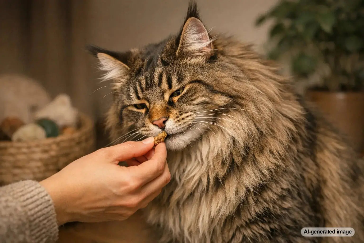 Maine Coon cat sitting calmly with a fluffy coat and tufted ears