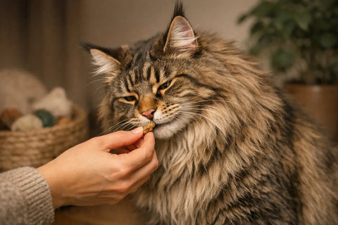 Maine Coon cat sitting calmly with a fluffy coat and tufted ears