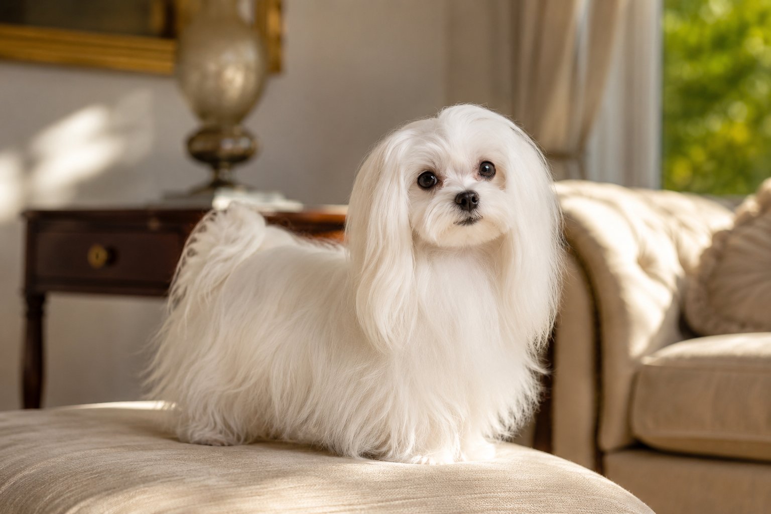 White Maltese dog with a playful expression representing the ancient aristocrat lap companion breed