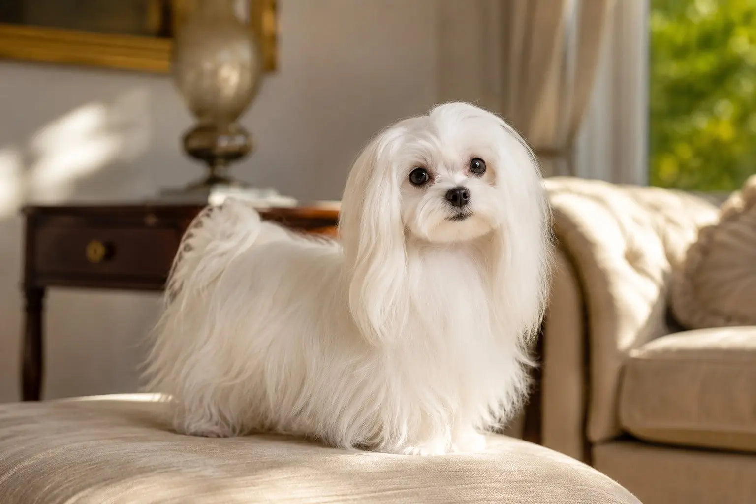 White Maltese dog with a playful expression representing the ancient aristocrat lap companion breed