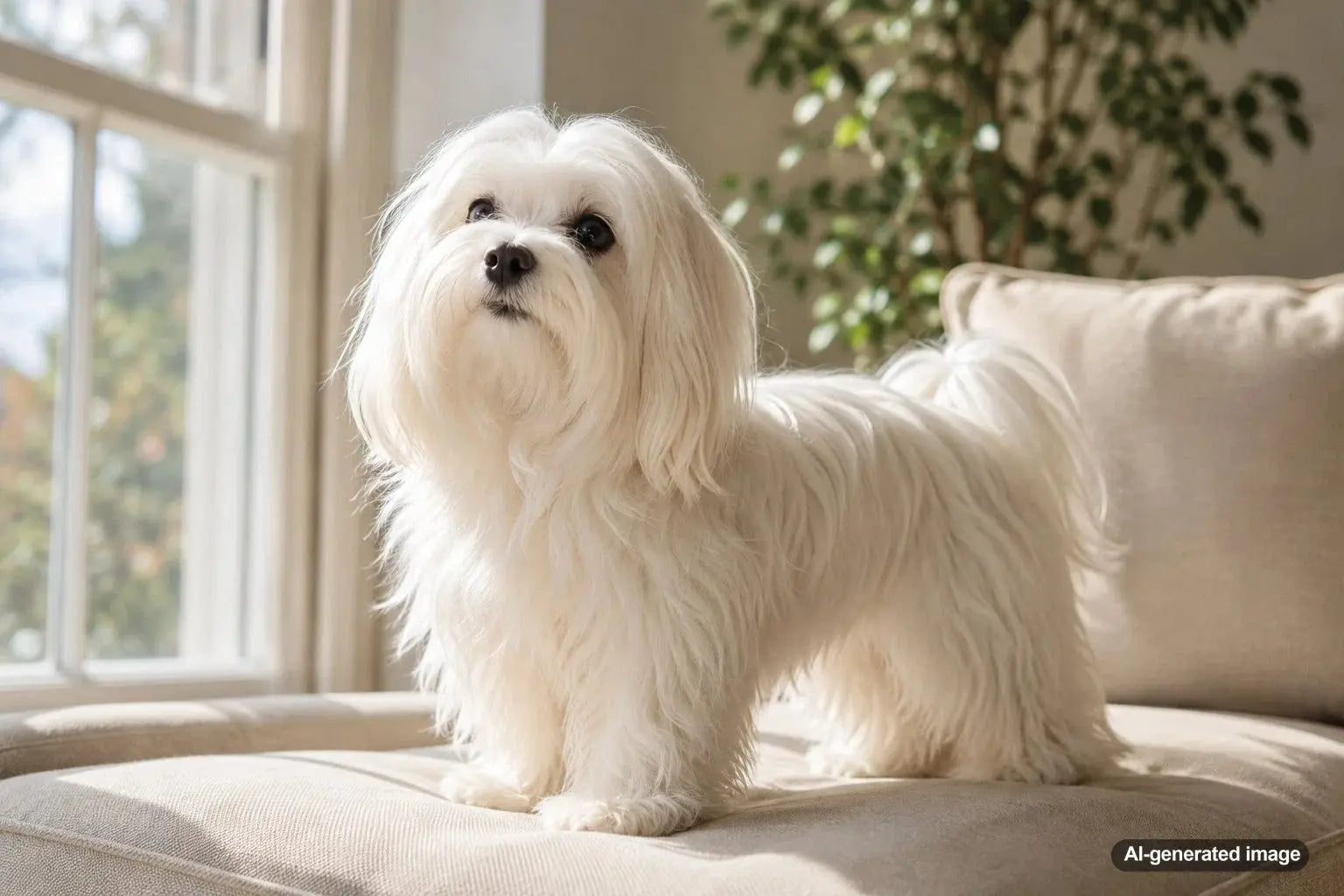 White Maltese dog with a silky coat and bright, brave expression