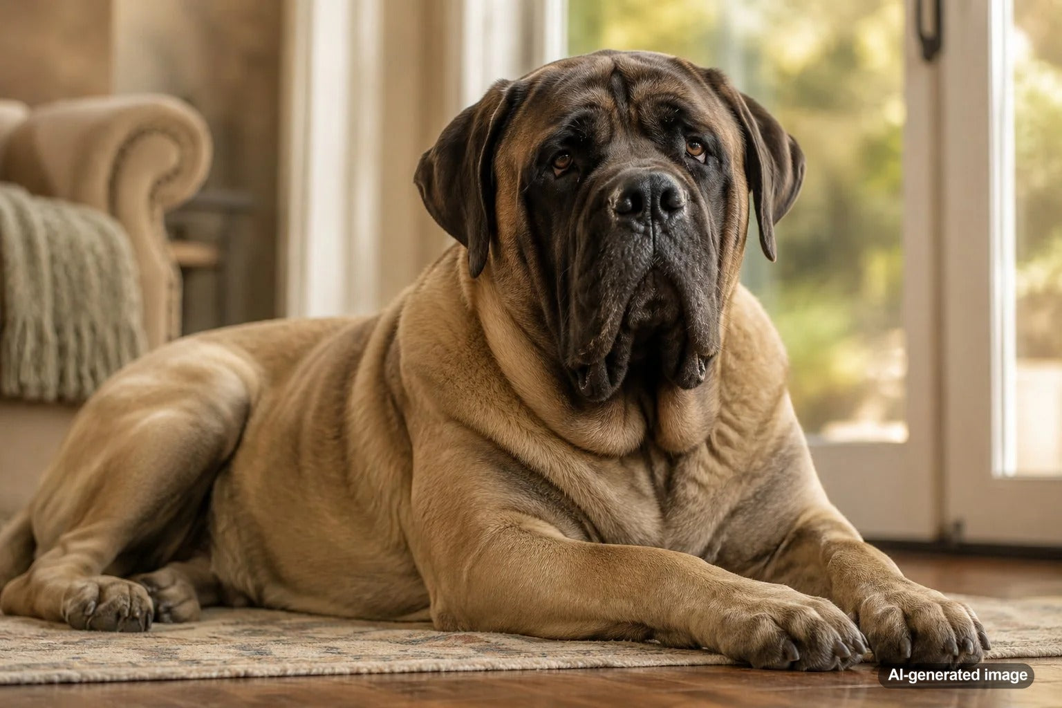 A calm and dignified Mastiff resting as a gentle giant family guardian