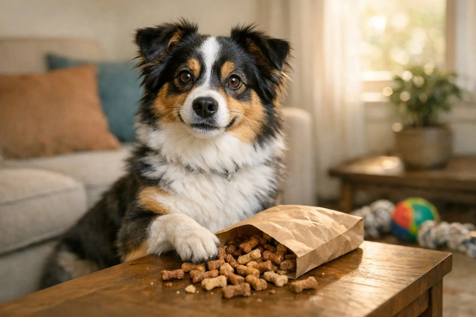 Miniature American Shepherd standing alert and happy outdoors