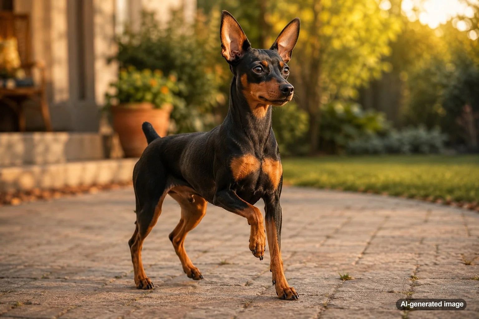 Alert Miniature Pinscher showing its proud high-stepping posture and energetic personality