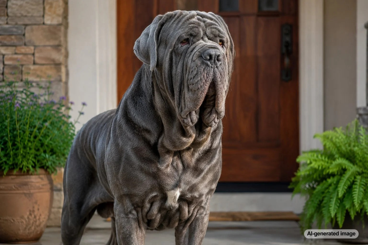 Neapolitan Mastiff with characteristic wrinkles and massive build representing the ancient Italian guardian breed
