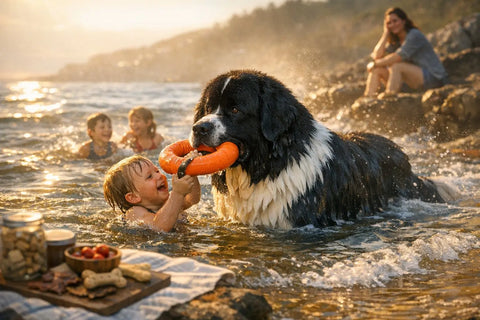 Newfoundland dog swimming and lifeguard giant gentle nanny dog
