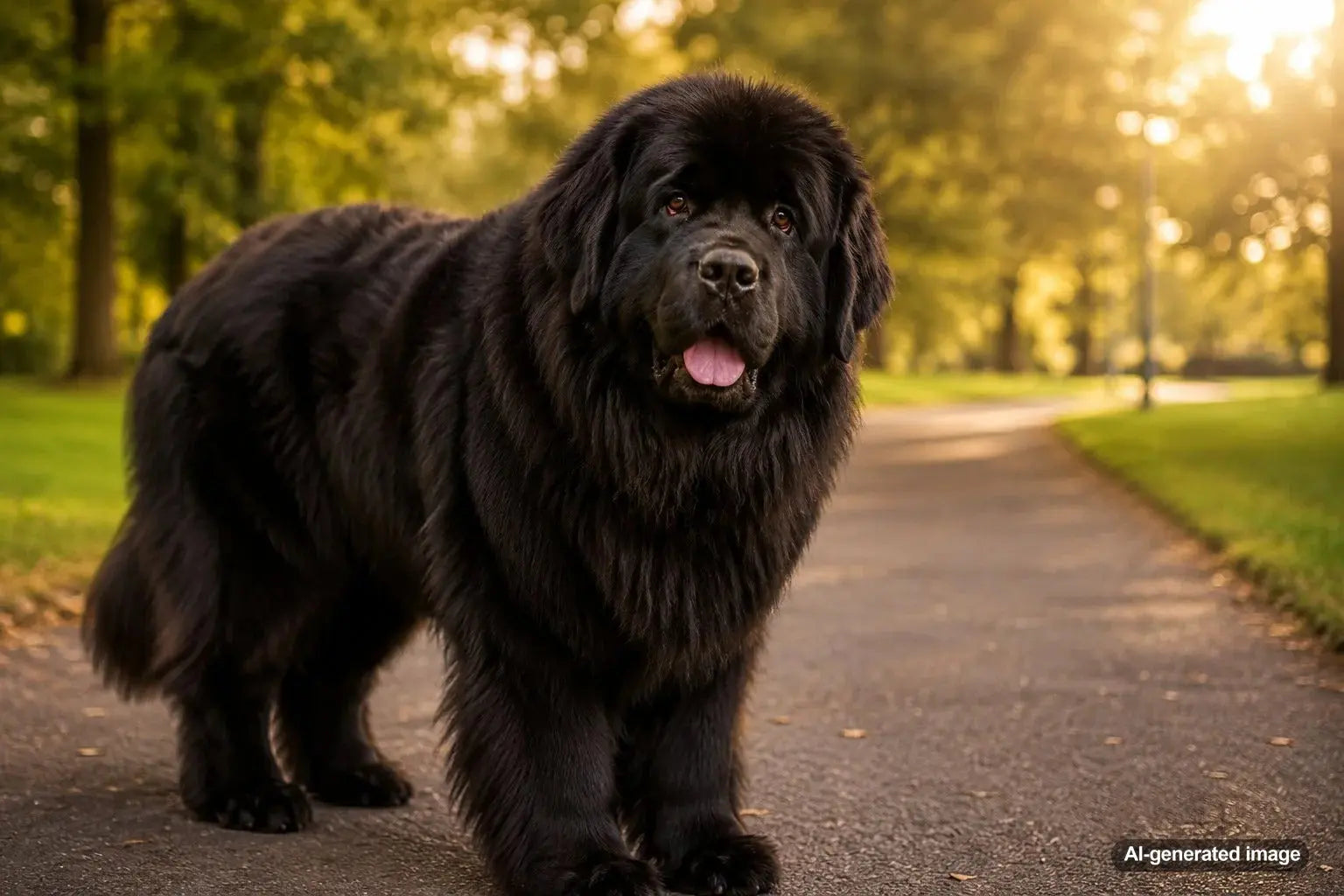 A sweet Newfoundland dog with a giant coat relaxing like a gentle family companion