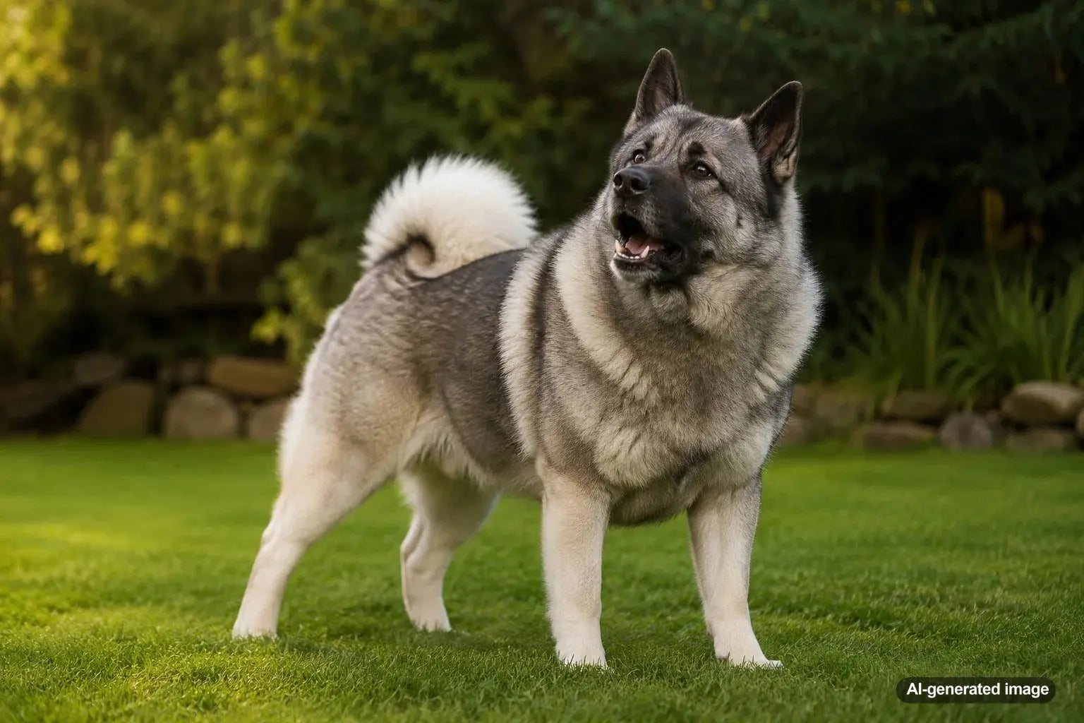 Norwegian Elkhound standing outdoors with its silver-gray coat, pointed ears, and curled tail