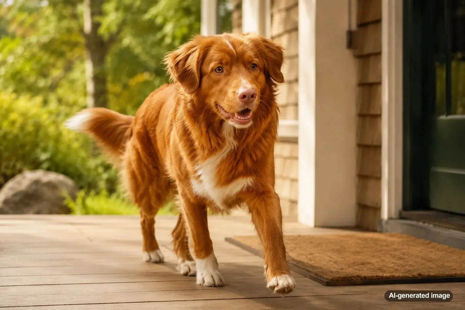 Nova Scotia Duck Tolling Retriever with a red coat playing near the water