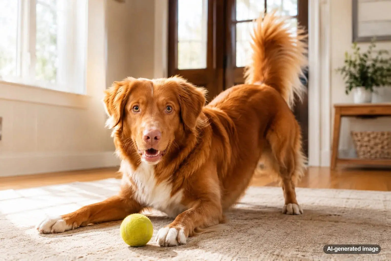 Nova Scotia Duck Tolling Retriever with a coppery coat playing fetch outdoors