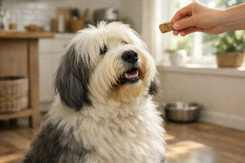 Old English Sheepdog with shaggy coat standing outdoors, showcasing the classic bobtail look