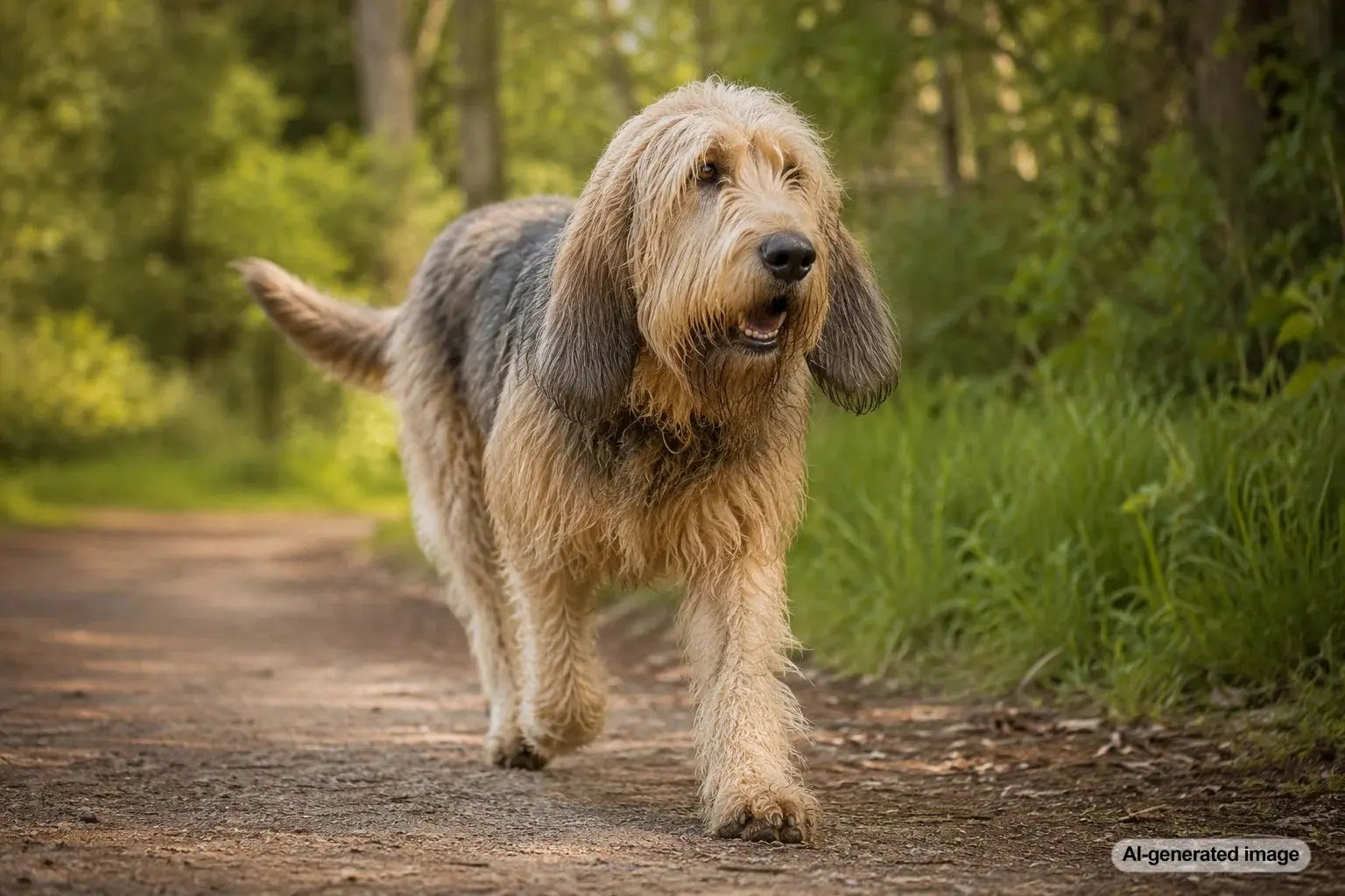 A rare rough-coated Otterhound standing near the water with a shaggy coat and friendly expression