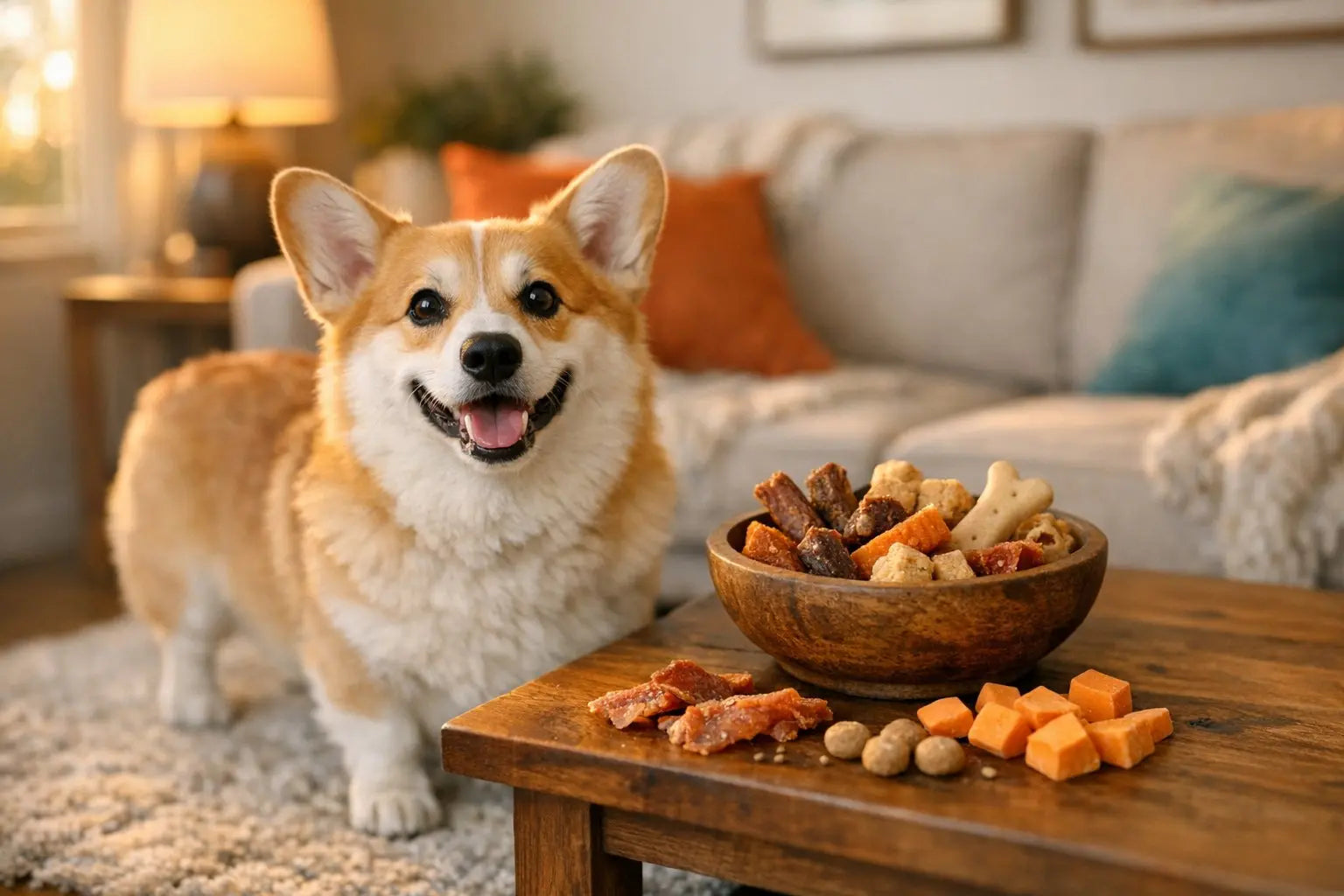 Pembroke Welsh Corgi standing outdoors with alert ears and fox-like expression