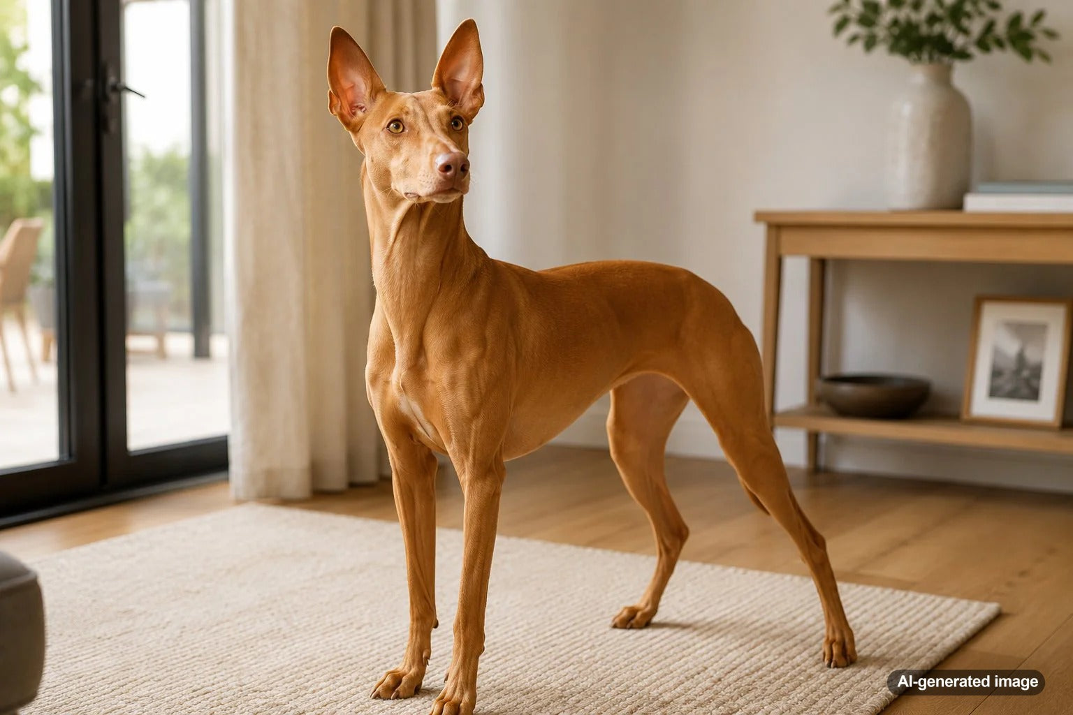 Athletic Pharaoh Hound with upright ears and a warm red-gold coat standing outdoors