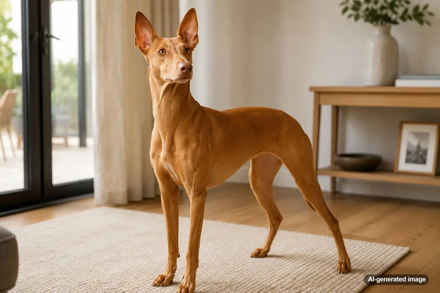 Athletic Pharaoh Hound with upright ears and a warm red-gold coat standing outdoors